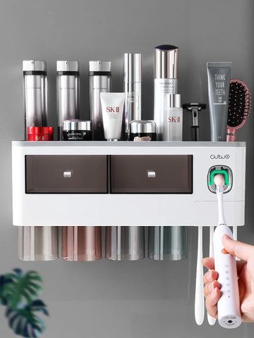 Toothbrush Holder with Toothpaste Dispenser Wall Mounted Storage Rack