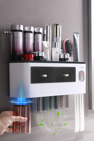 Toothbrush Holder with Toothpaste Dispenser Wall Mounted Storage Rack