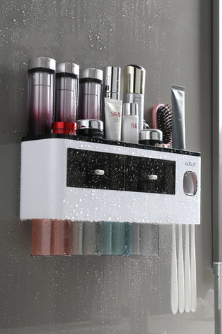 Toothbrush Holder with Toothpaste Dispenser Wall Mounted Storage Rack